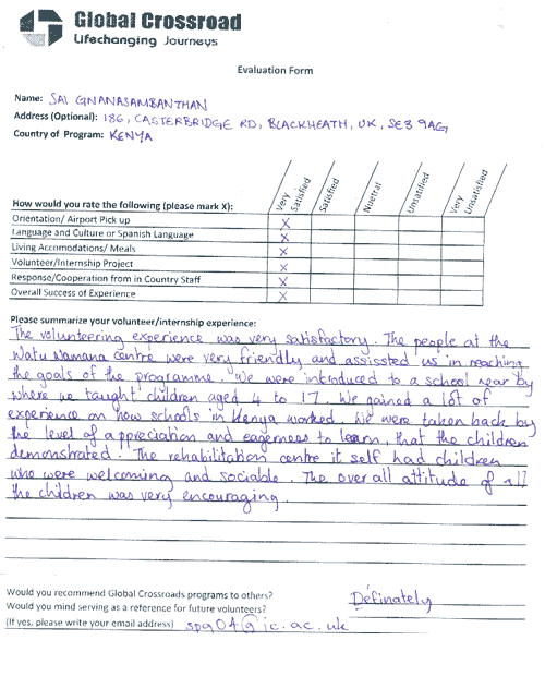 volunteer reviews for kenya- Sai Gnanasambanthan