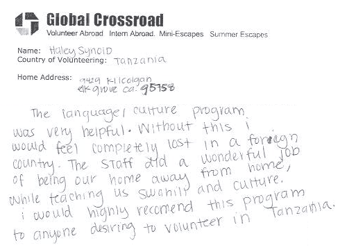 volunteer abroad reviews for tanzania- Haley Synoid